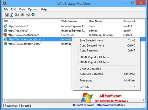 ภาพหน้าจอ WebBrowserPassView สำหรับ Windows 7