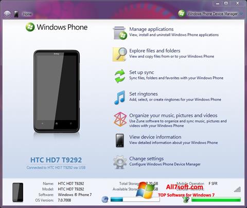 ภาพหน้าจอ Windows Phone Device Manager สำหรับ Windows 7